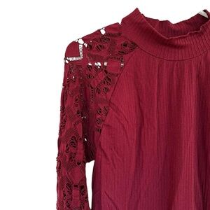 Venus Tight Stretch Top Red Wine Lace Sleeves Under Layering L XL 2X sexy blouse